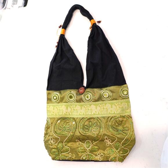 unknown Handbags - Bohemian Olive and Black Bindle Purse with Embroidery n Coconut Button